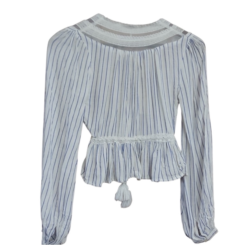 Free People | Oberoi Hippie Plunging V Neck Lace Tassel Boho Sheer Peplum Top- M - Picture 8 of 9